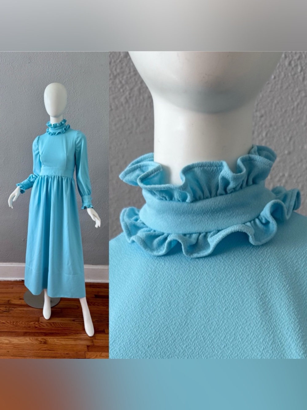 Vintage 70s Blue Prairie Ruffle Cottagecore Maxi Dress XS